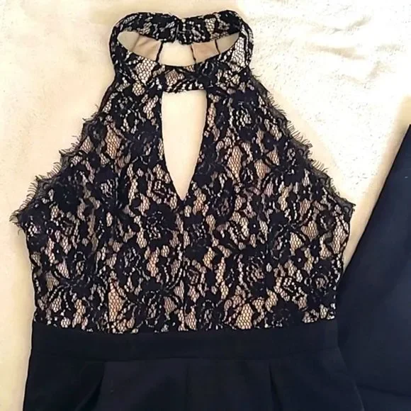 Francescas Black Lace Halter Jumpsuit Wide Leg Formal Chic Size M Y2K Cocktail - Picture 2 of 16